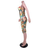 Sexy printed pleated pull tube suspender dress GL6385