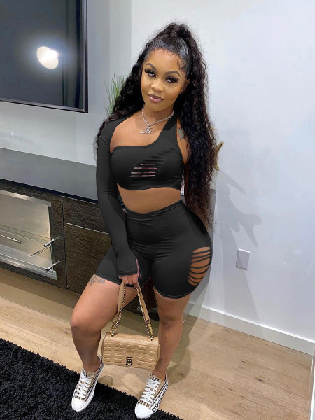 Sports and leisure solid color ripped burnt flower one-shoulder shorts two-piece suit KY3080