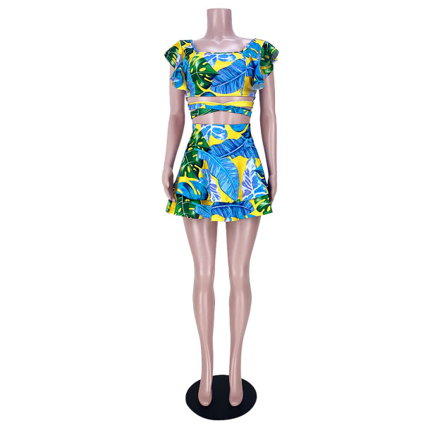 Two-piece suit with printed lace-up skirt with wood ears GL6383