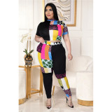 Fashion printed contrast color half high neck T-shirt two-piece set AP7027