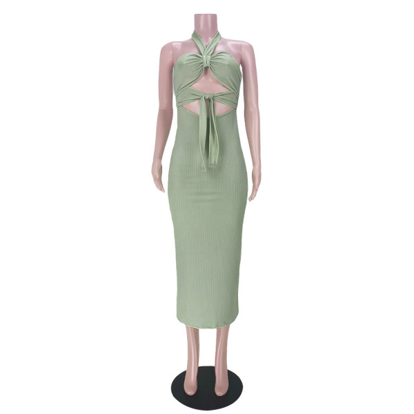 Pure color hang strip sexy halter neck strap halter dress GL6386