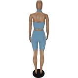 Hollow solid color halterneck vest shorts two-piece suit QM7043