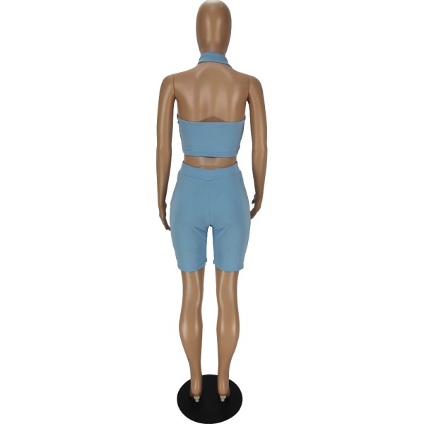 Hollow solid color halterneck vest shorts two-piece suit QM7043