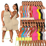 Round neck sleeveless pleated dress solid color stretch slim skirt women's nightclub W8230-1