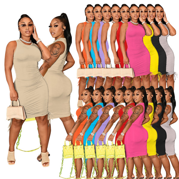 Round neck sleeveless pleated dress solid color stretch slim skirt women's nightclub W8230-1