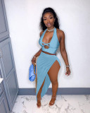 Pure color sexy hollow halterneck two-piece skirt QM7049
