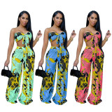 Fashion print, chest-wrapped straps, wide-leg pants two-piece suit S90072