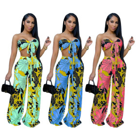 Fashion print, chest-wrapped straps, wide-leg pants two-piece suit S90072