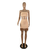 Sexy women's tube top tassel suit mid skirt two-piece suit z9106