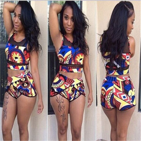 Split printed mesh stitching high waist sexy swimsuit S90076