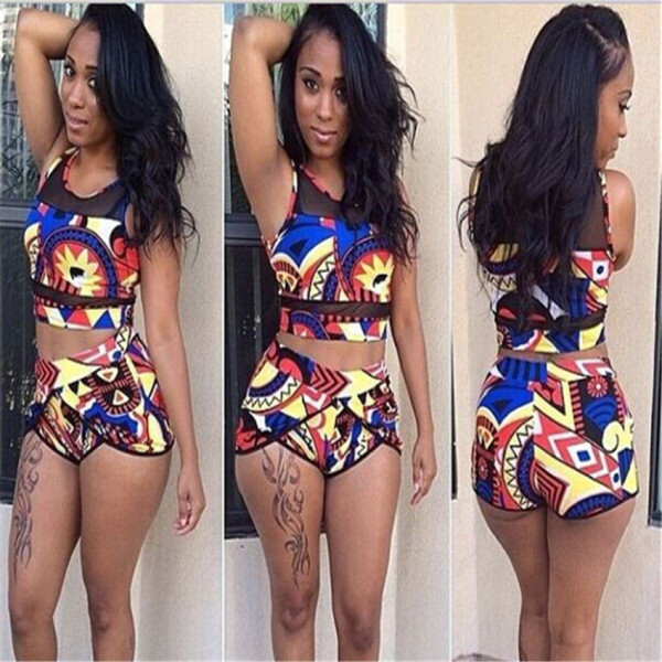 Split printed mesh stitching high waist sexy swimsuit S90076