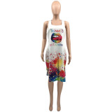 New style lip splash ink printing casual loose sleeveless shorts suit KY3082