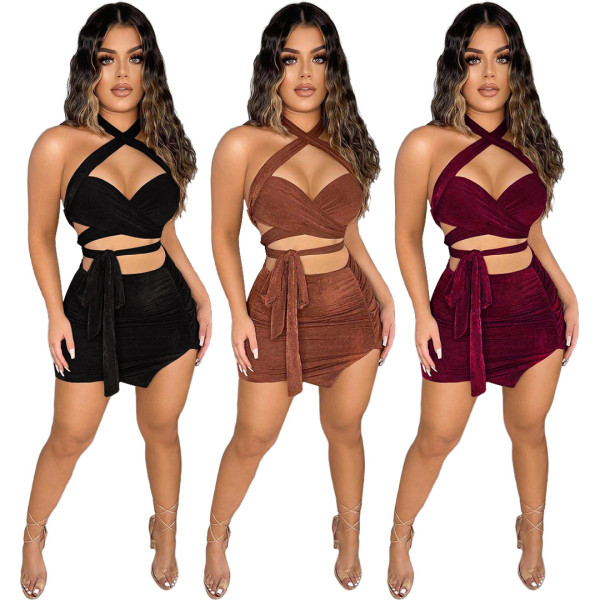 Sexy lace-up pleated split skirt two-piece suit GL6380