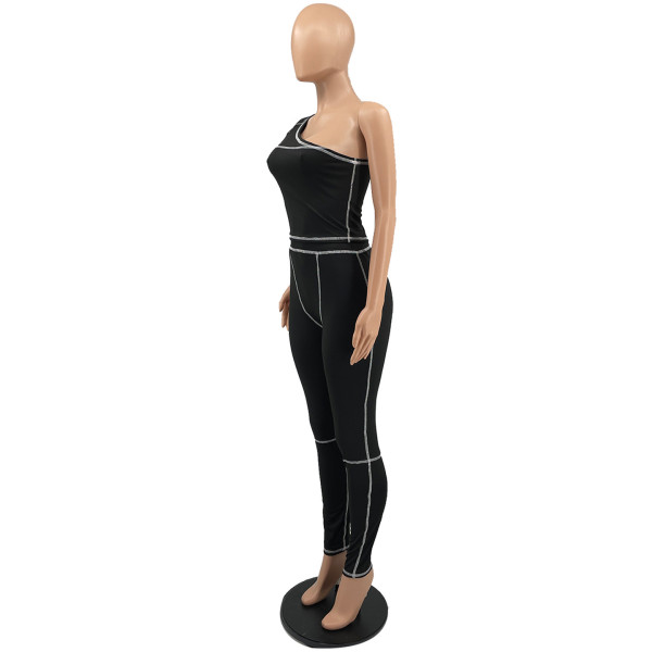 Slant shoulder trousers fashion sports suit solid color stretch slim two-piece suit W8225