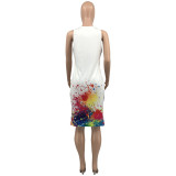 New style lip splash ink printing casual loose sleeveless shorts suit KY3082