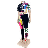 Fashion printed contrast color half high neck T-shirt two-piece set AP7027