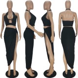 Pure color sexy hollow halterneck two-piece skirt QM7049