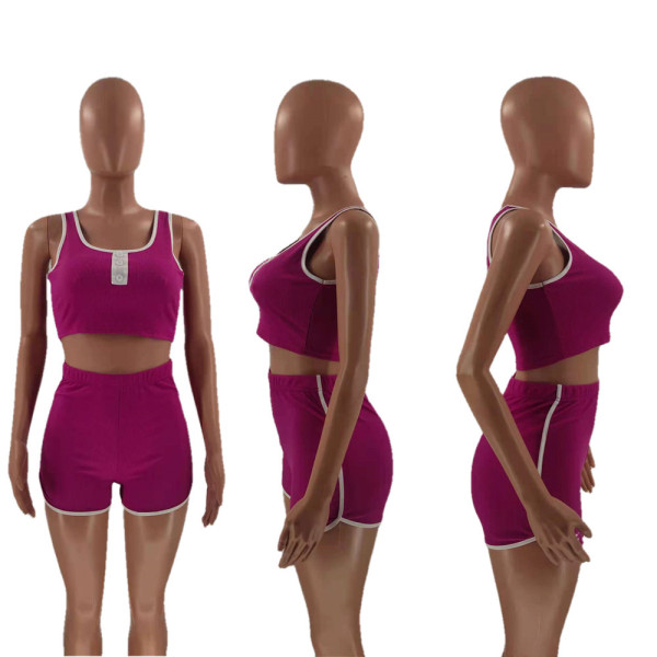 Pure color pit strip fashion sexy sports and leisure two-piece suit OM1368