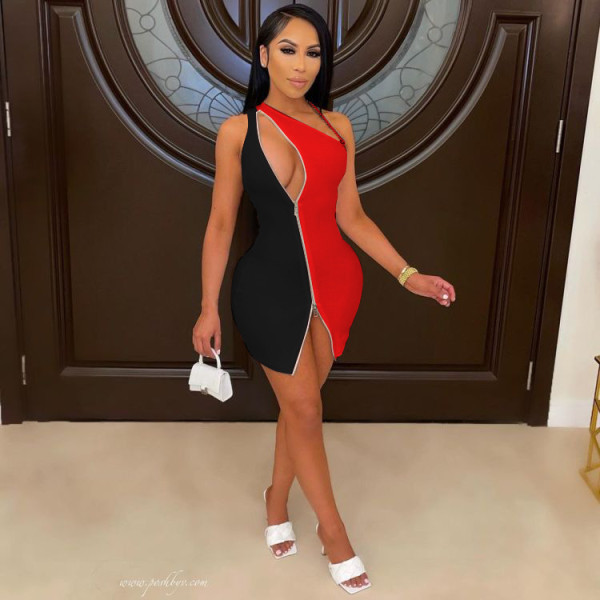 Colorblock double zipper sexy nightclub style dress H8977