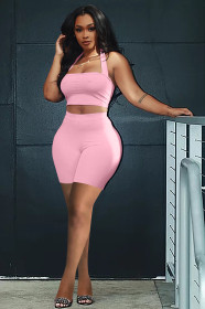 Hollow solid color halterneck vest shorts two-piece suit QM7043