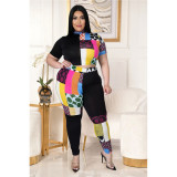Fashion printed contrast color half high neck T-shirt two-piece set AP7027