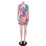 Two-piece fashion geometric print tie pleated skirt GL6388