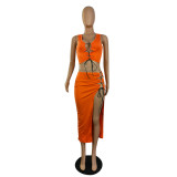 Sexy sleeveless solid color lace split skirt two-piece suit p8605