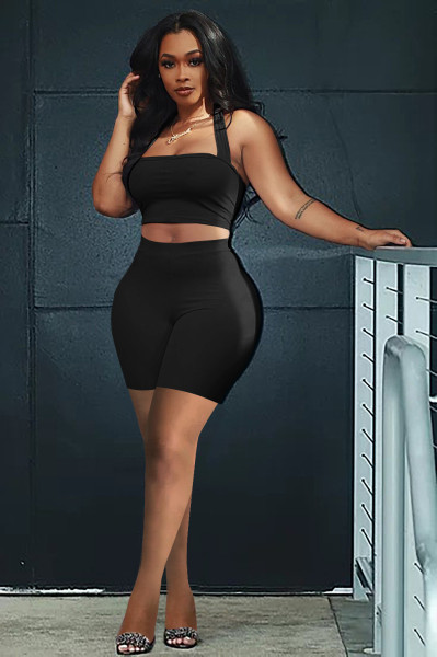 Hollow solid color halterneck vest shorts two-piece suit QM7043