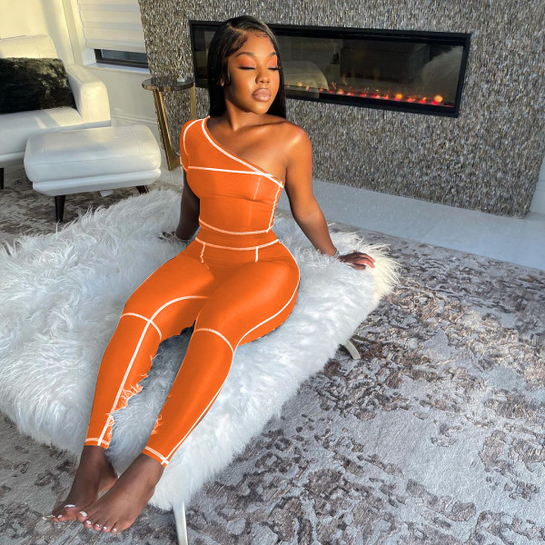 Slant shoulder trousers fashion sports suit solid color stretch slim two-piece suit W8225
