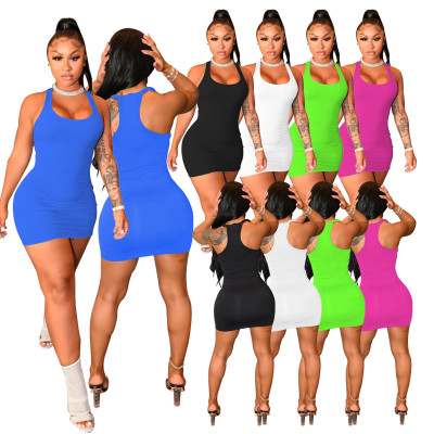 Pure color vest dress summer light and thin elastic tight-fitting dress women W8228-1