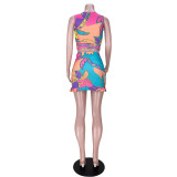 Two-piece fashion geometric print tie pleated skirt GL6388
