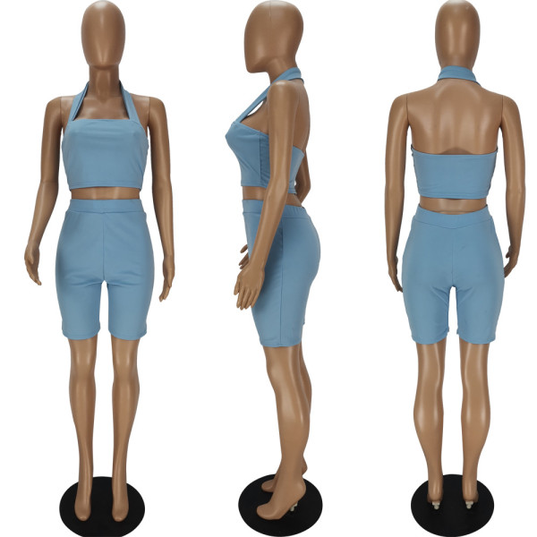Hollow solid color halterneck vest shorts two-piece suit QM7043