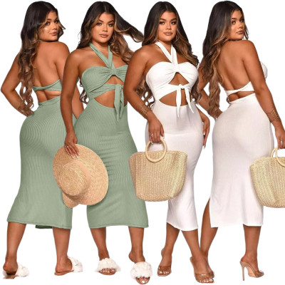 Pure color hang strip sexy halter neck strap halter dress GL6386