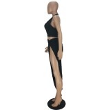Pure color sexy hollow halterneck two-piece skirt QM7049