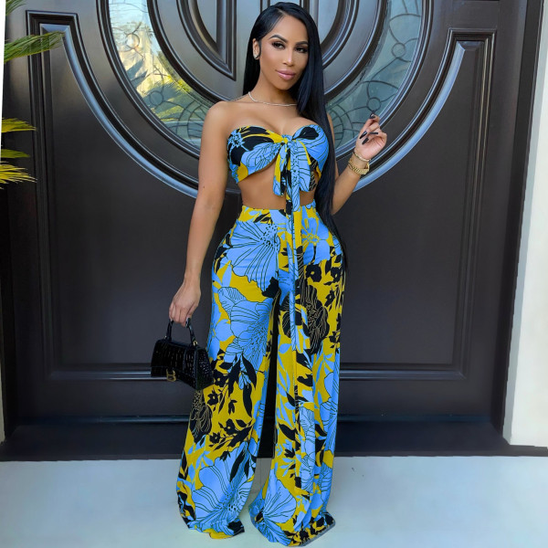 Fashion print, chest-wrapped straps, wide-leg pants two-piece suit S90072