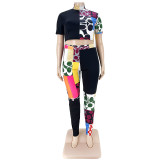 Fashion printed contrast color half high neck T-shirt two-piece set AP7027