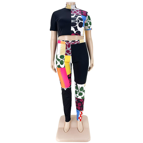 Fashion printed contrast color half high neck T-shirt two-piece set AP7027