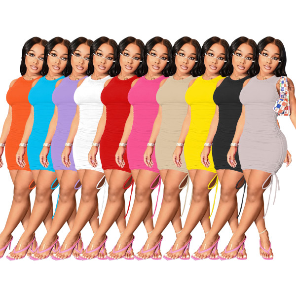 Round neck sleeveless pleated dress solid color stretch slim skirt women's nightclub W8230-1