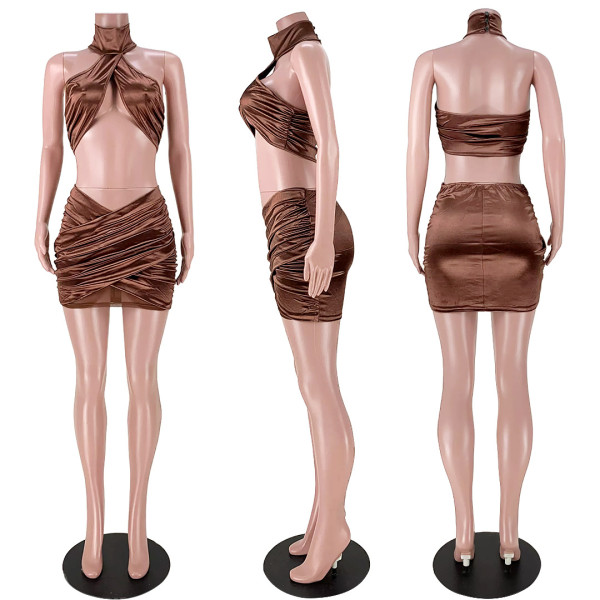 Hanging neck mesh stitching cross pleated reflective skirt suit GL6378
