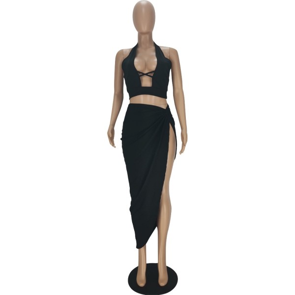 Pure color sexy hollow halterneck two-piece skirt QM7049