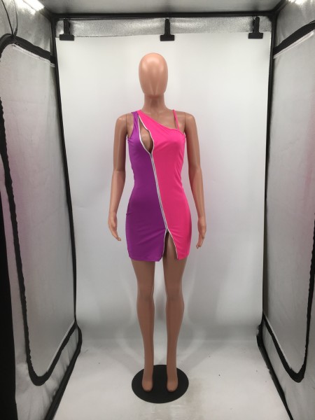Colorblock double zipper sexy nightclub style dress H8977