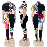 Fashion printed contrast color half high neck T-shirt two-piece set AP7027