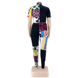 Fashion printed contrast color half high neck T-shirt two-piece set AP7027