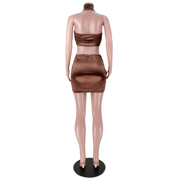Hanging neck mesh stitching cross pleated reflective skirt suit GL6378