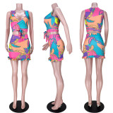 Two-piece fashion geometric print tie pleated skirt GL6388