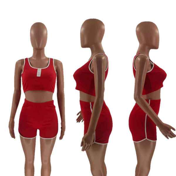 Pure color pit strip fashion sexy sports and leisure two-piece suit OM1368