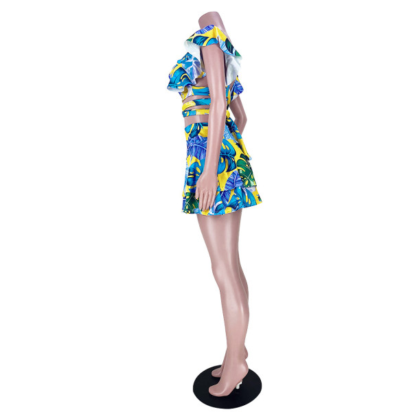Two-piece suit with printed lace-up skirt with wood ears GL6383