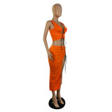 Sexy sleeveless solid color lace split skirt two-piece suit p8605
