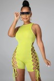 Back zipper closure sleeveless solid color hollow straps stretch jumpsuit z9105