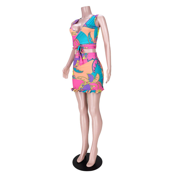 Two-piece fashion geometric print tie pleated skirt GL6388